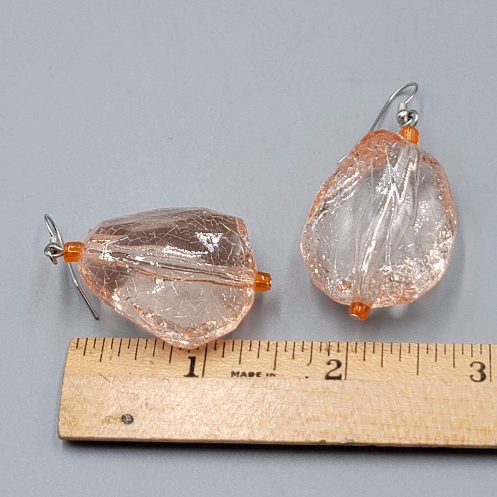Peach Crackle Large Statement Bead Pierced Earrings Silver tone Dangle 1.5"