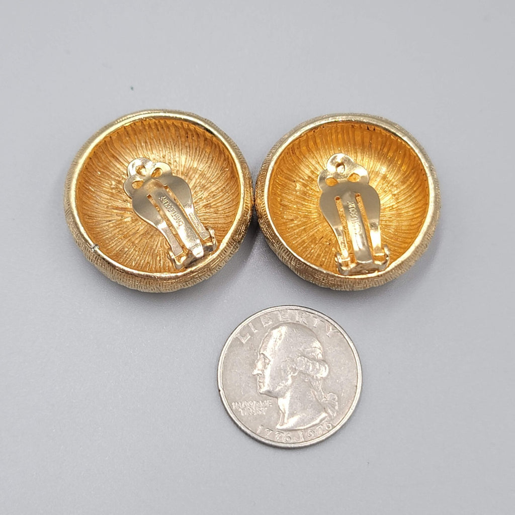 Vintage Castle Cliff Clip on Earrings Large Textured Gold tone Dome 1.25" Heavy