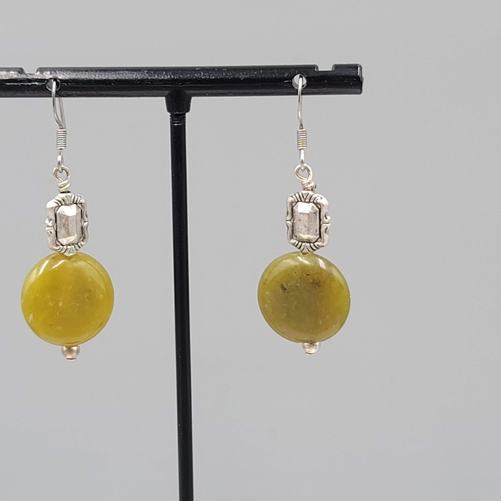 Round Green Stone Pierced Earrings Silver tone Dangle 1.25"