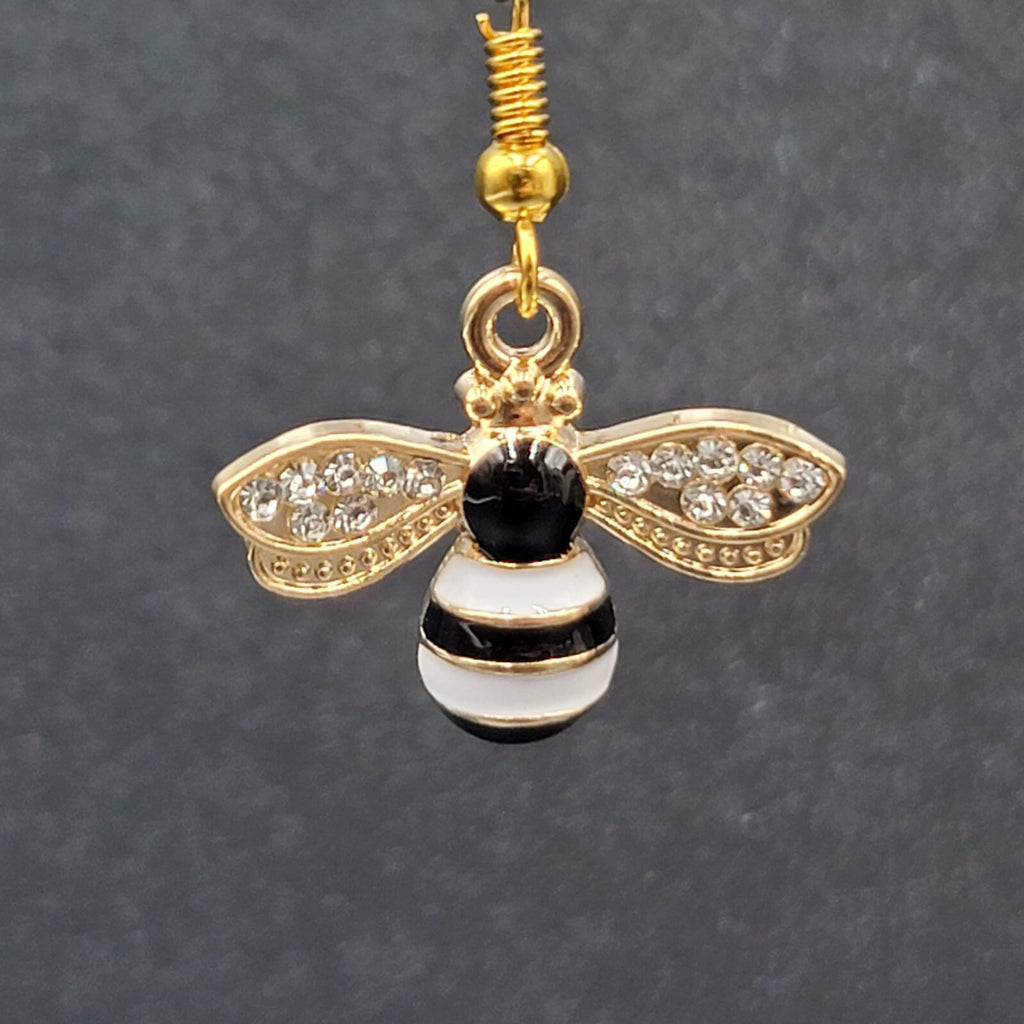 Bumble Bee Pierced Earrings Gold tone Rhinestone White Enamel Dangle New 5/8"