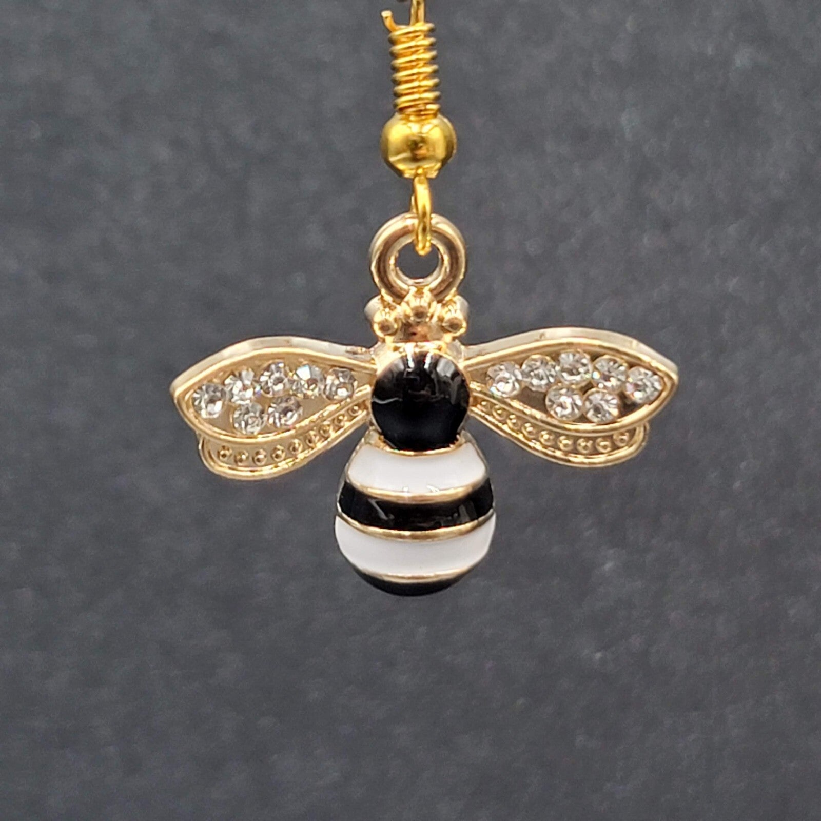 Bumble Bee Pierced Earrings Gold tone Rhinestone White Enamel Dangle New 5/8"