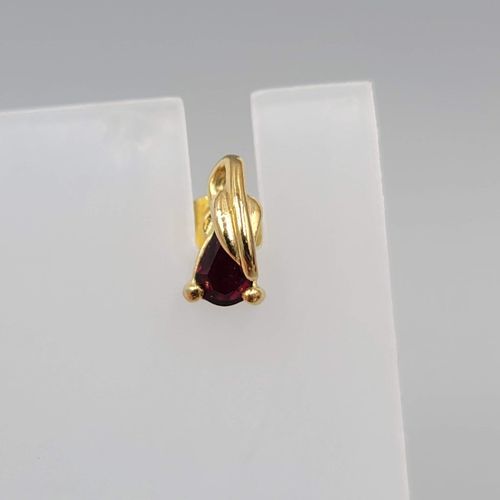 Stud Pierced Earrings Gold Plated Dark Red Stone 3/8"