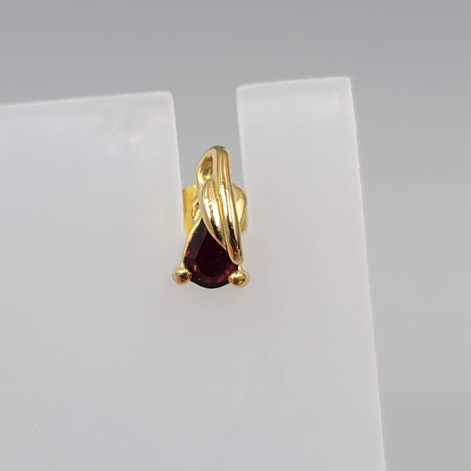 Stud Pierced Earrings Gold Plated Dark Red Stone 3/8"