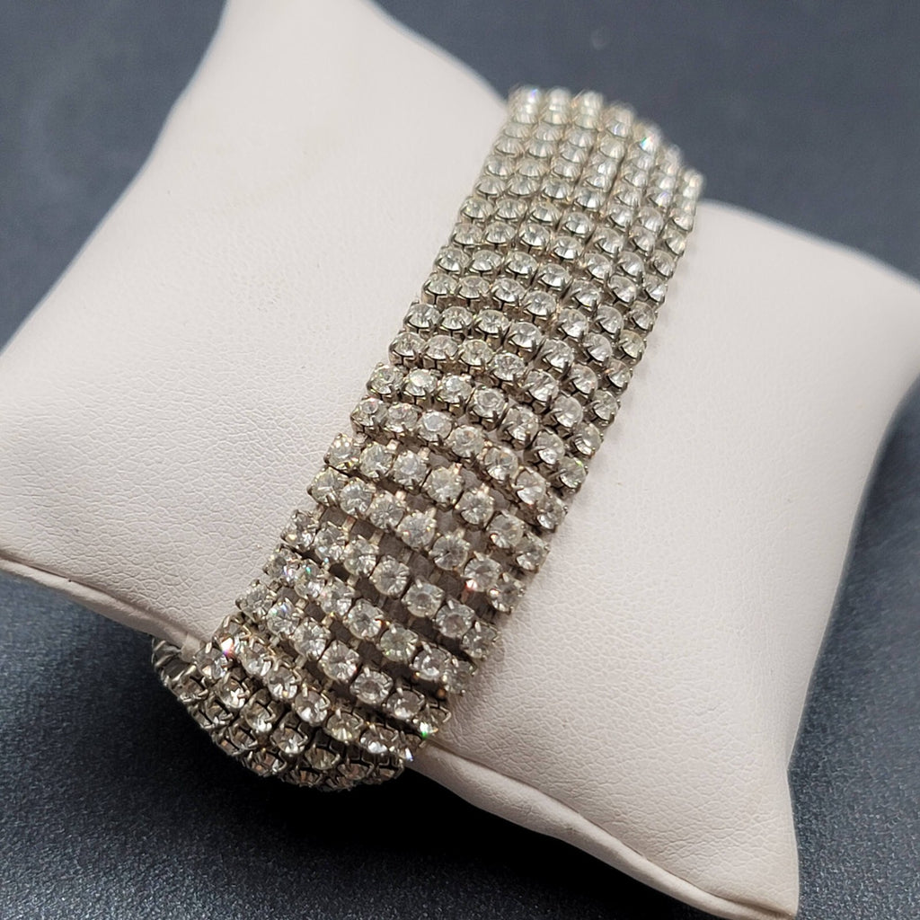 Vintage Wide Rhinestone Bracelet Silver tone 7 in