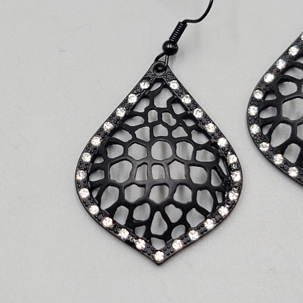 Black Enamel Pierced Earrings Crystal Rhinestone Dangle 1.5"