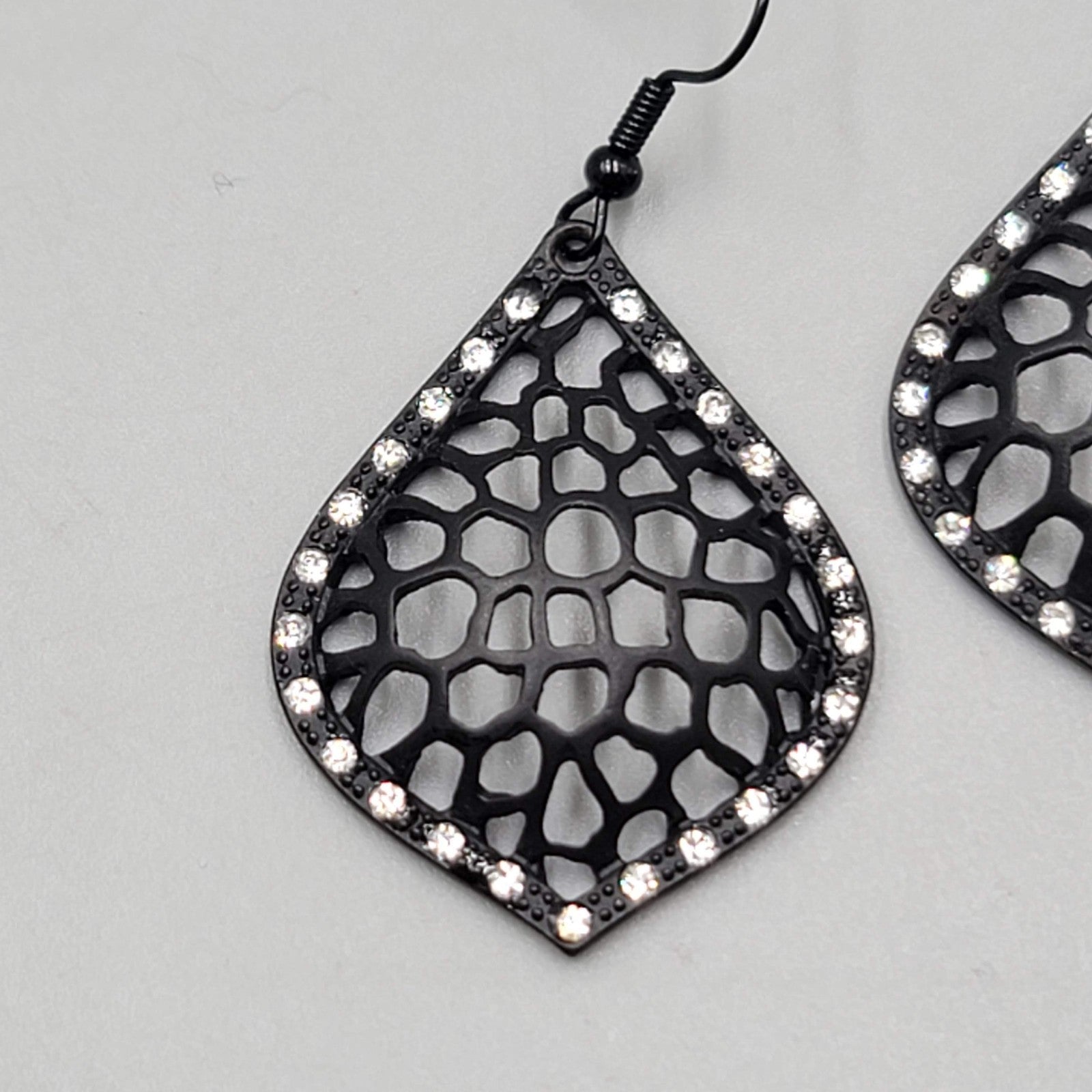 Black Enamel Pierced Earrings Crystal Rhinestone Dangle 1.5"