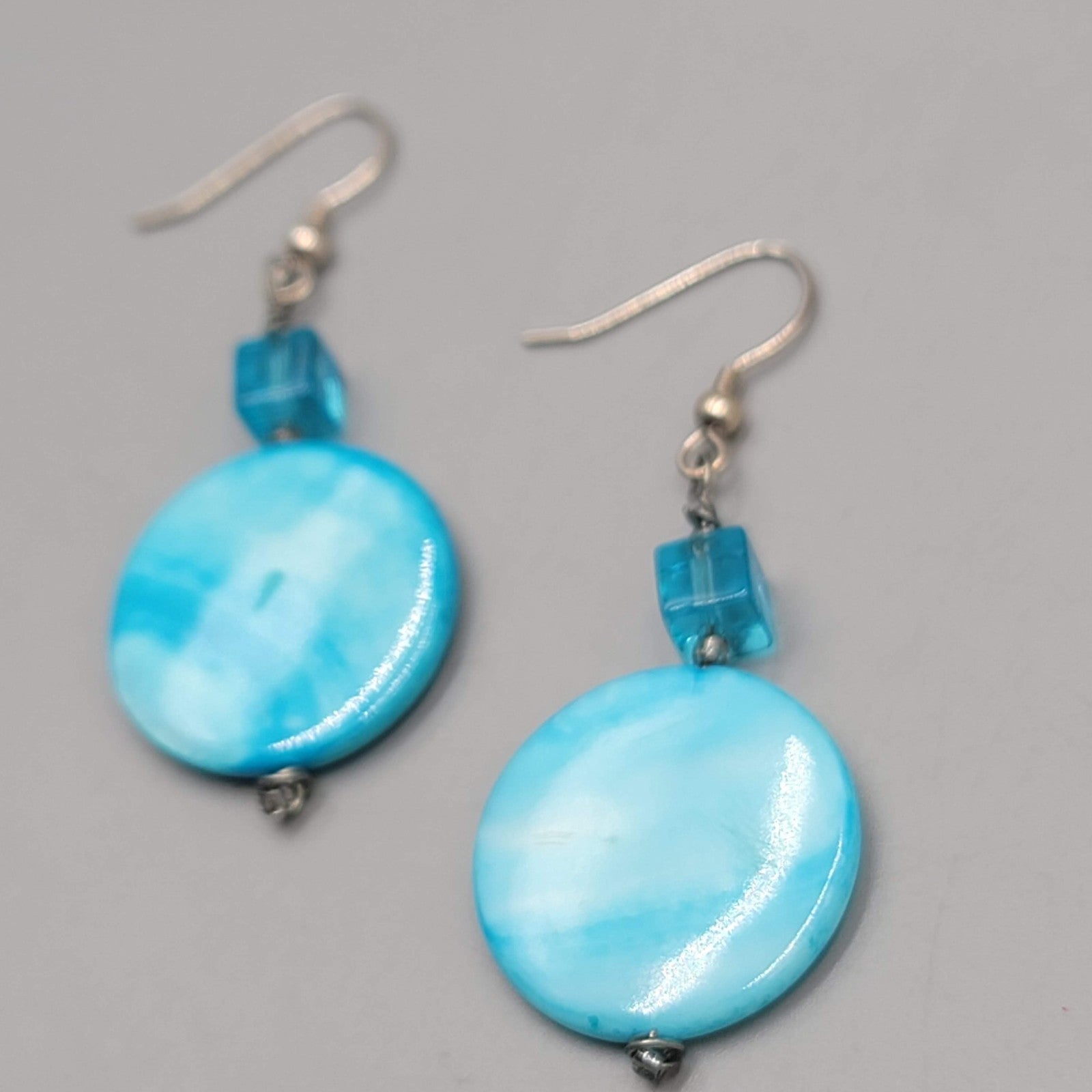 Blue Shell Crystal Bead Pierced Earrings Silver tone Dangle 1.75 in