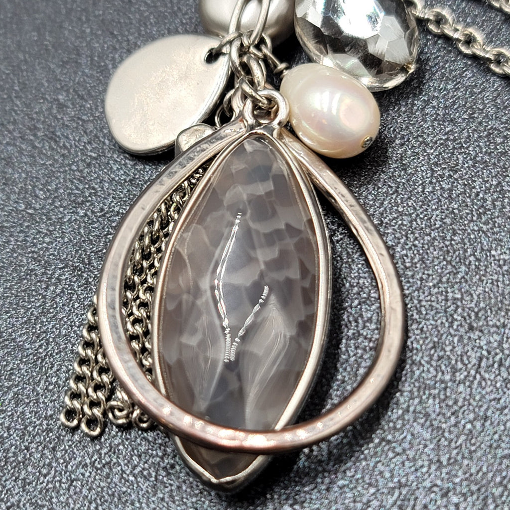 LOFT Pendant Necklace Silver tone Gray Stone Pearl LONG 32"