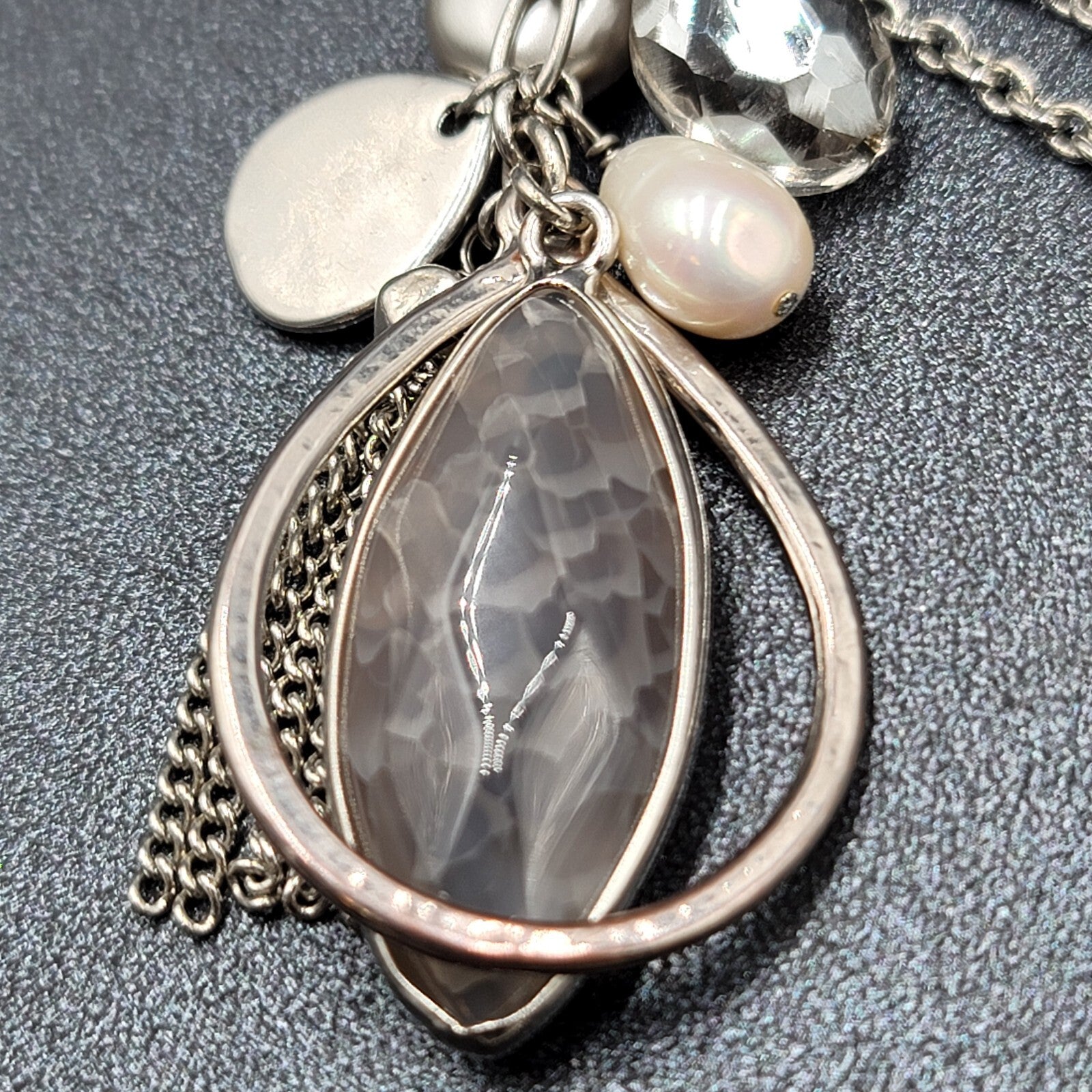 LOFT Pendant Necklace Silver tone Gray Stone Pearl LONG 32"