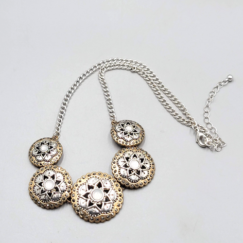 Disc Statement Necklace Two Toned Metals 16"-18"