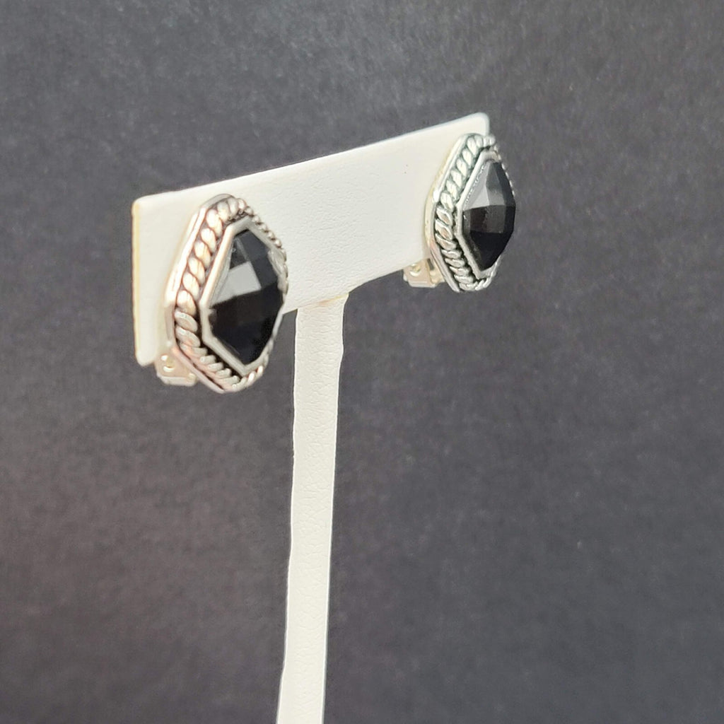 Clip on Earrings Silver tone Black Faceted Square Studs 5/8"