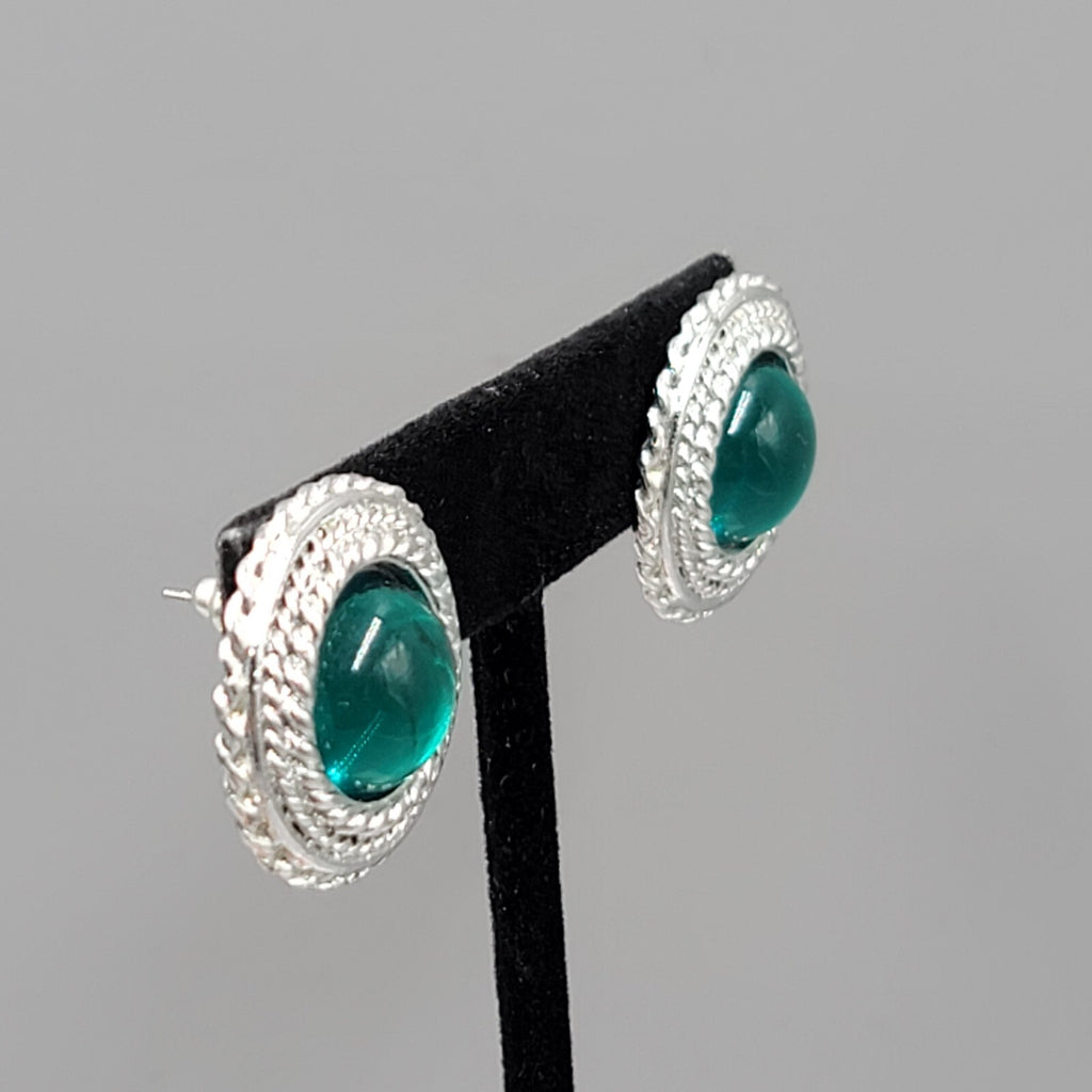 Vintage Pierced Earrings Silver tone Green Moon glow Cabochon 7/8"