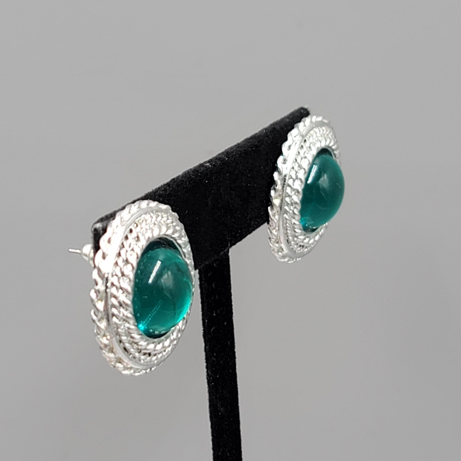 Vintage Pierced Earrings Silver tone Green Moon glow Cabochon 7/8"