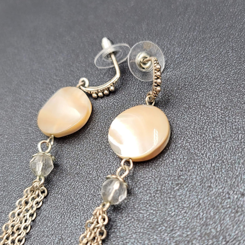 Pierced Earrings Silver tone Mother of Pearl Disc Dangle Chains 3.5"