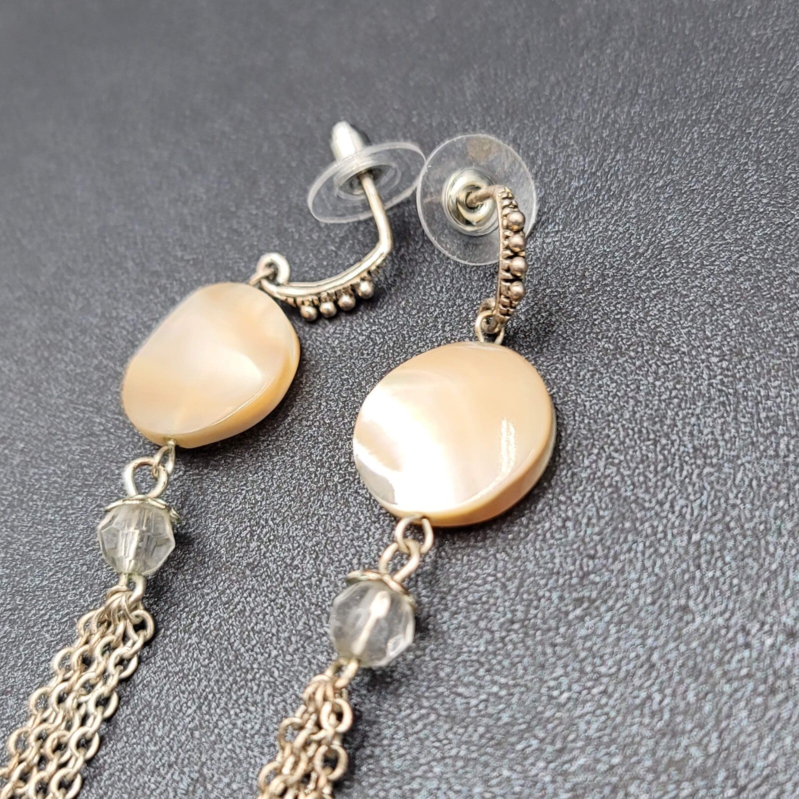 Pierced Earrings Silver tone Mother of Pearl Disc Dangle Chains 3.5"