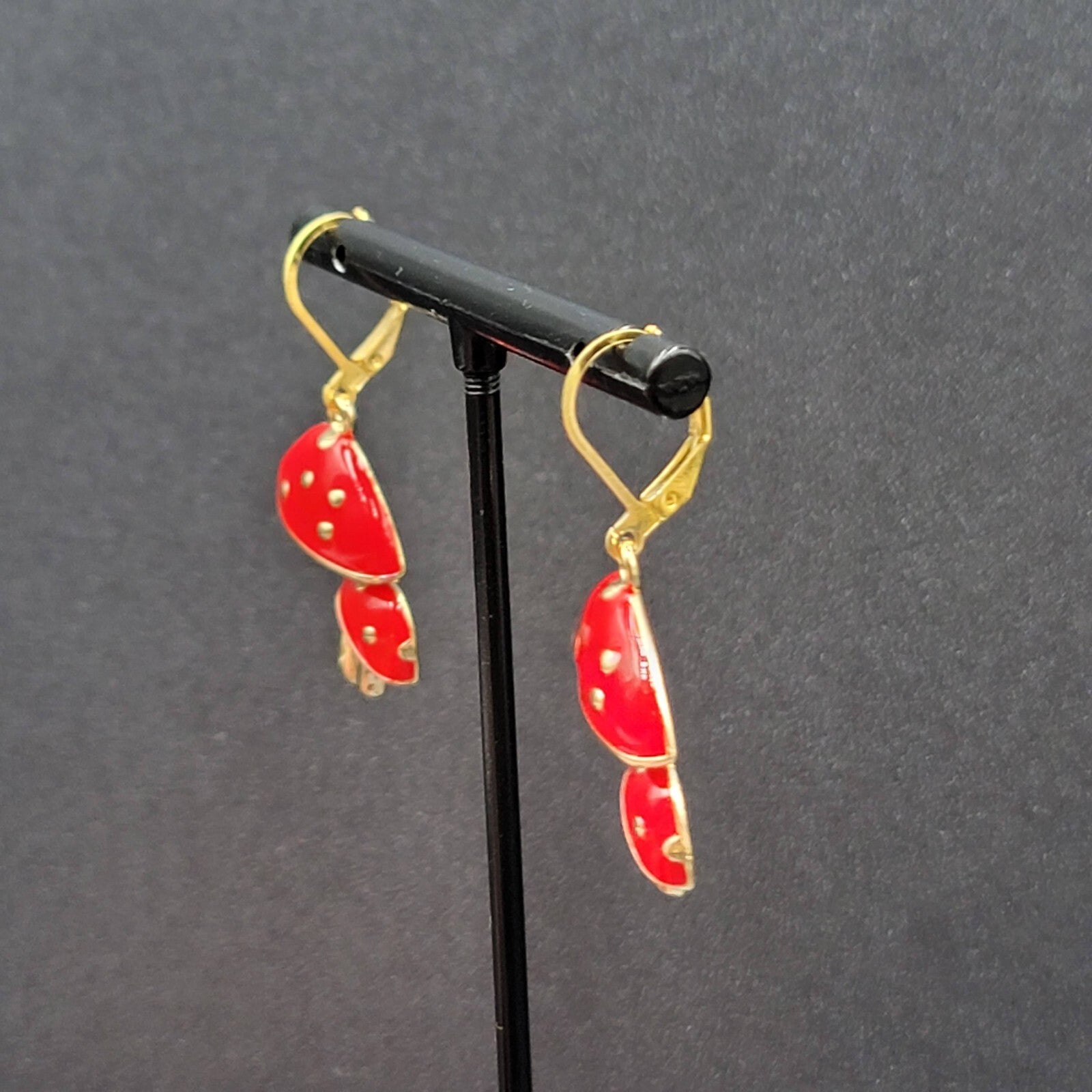 Double Mushroom Pierced Earrings Gold tone Enamel Red White Polka Dot Dangle 1"