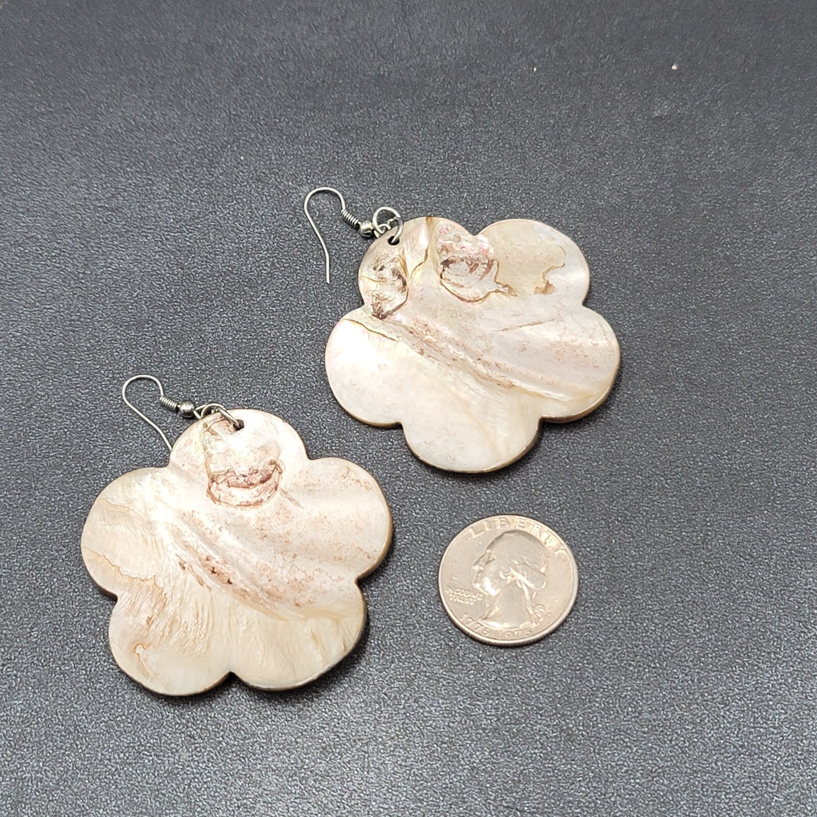 Flower Pierced Earrings Large Carved Shell Silver tone 2"