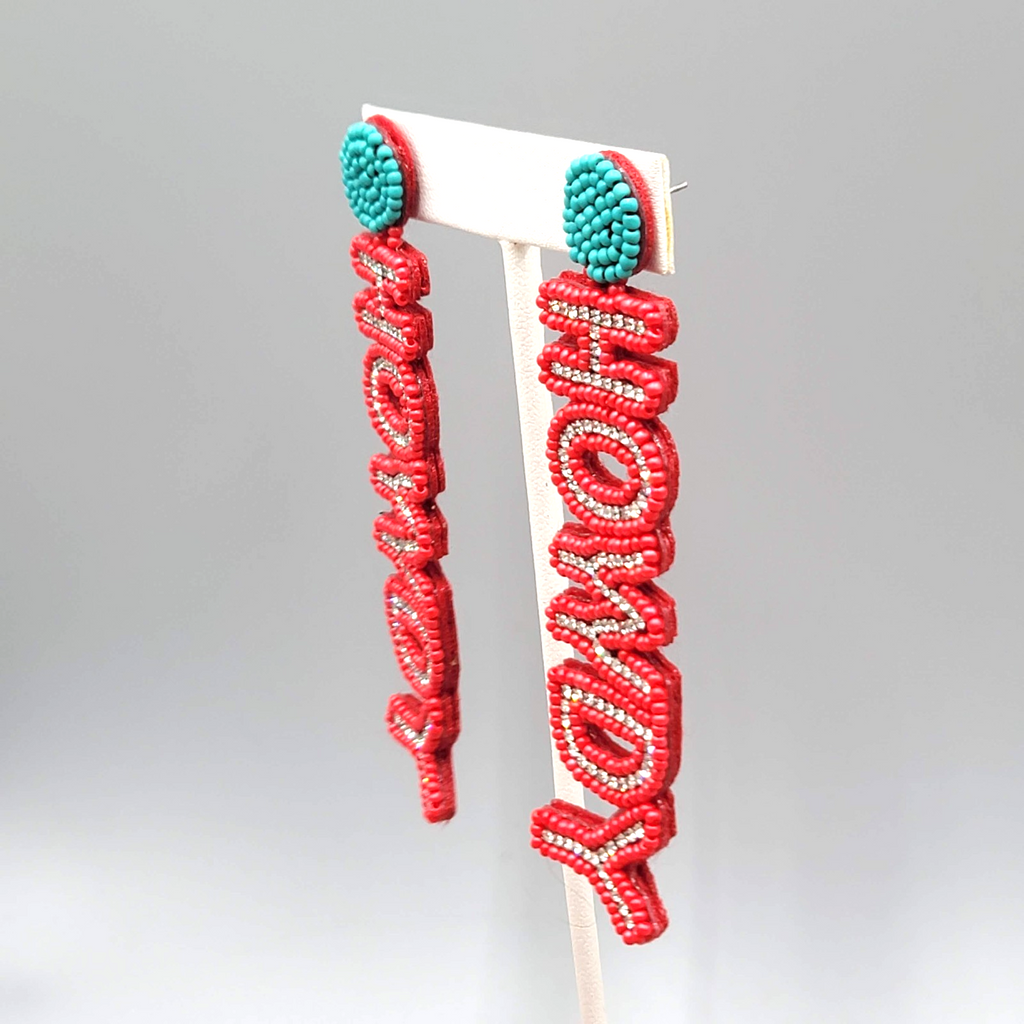 HOWDY Statement Pierced Earrings Red Seed Bead Crystal Long 3.75 in