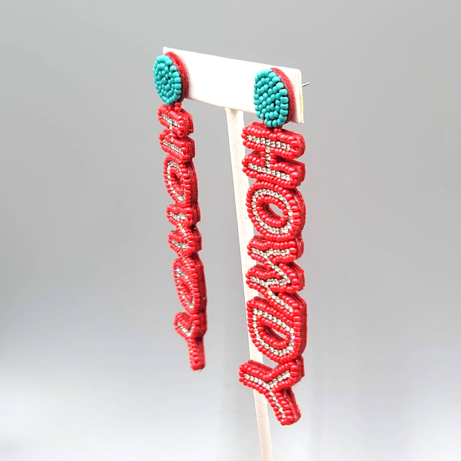 HOWDY Statement Pierced Earrings Red Seed Bead Crystal Long 3.75 in