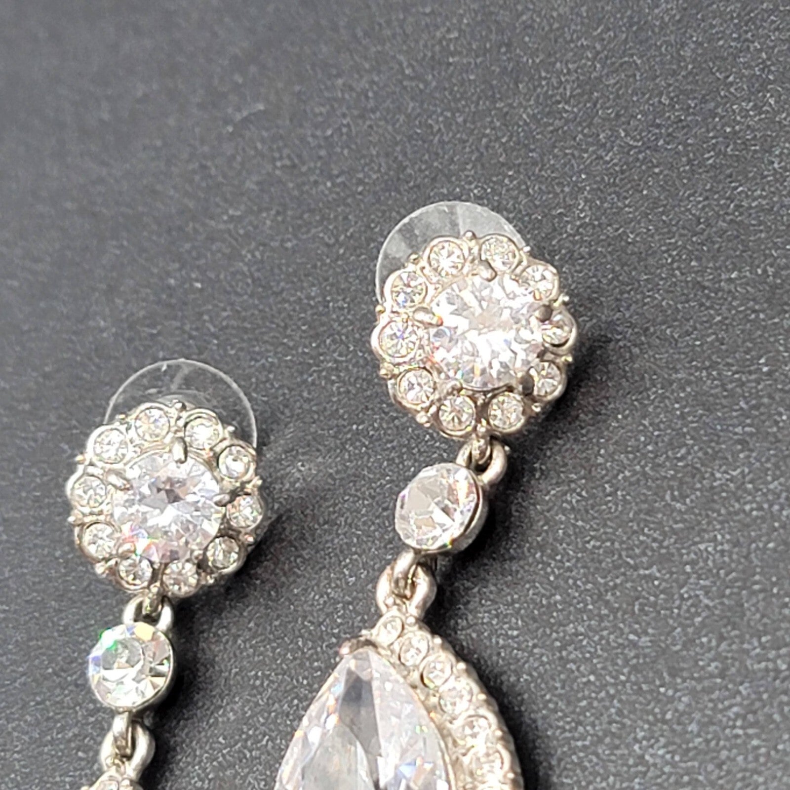 Pierced Earrings Silver tone Large Rhinestone Signed Wedding Prom Well Made 2"