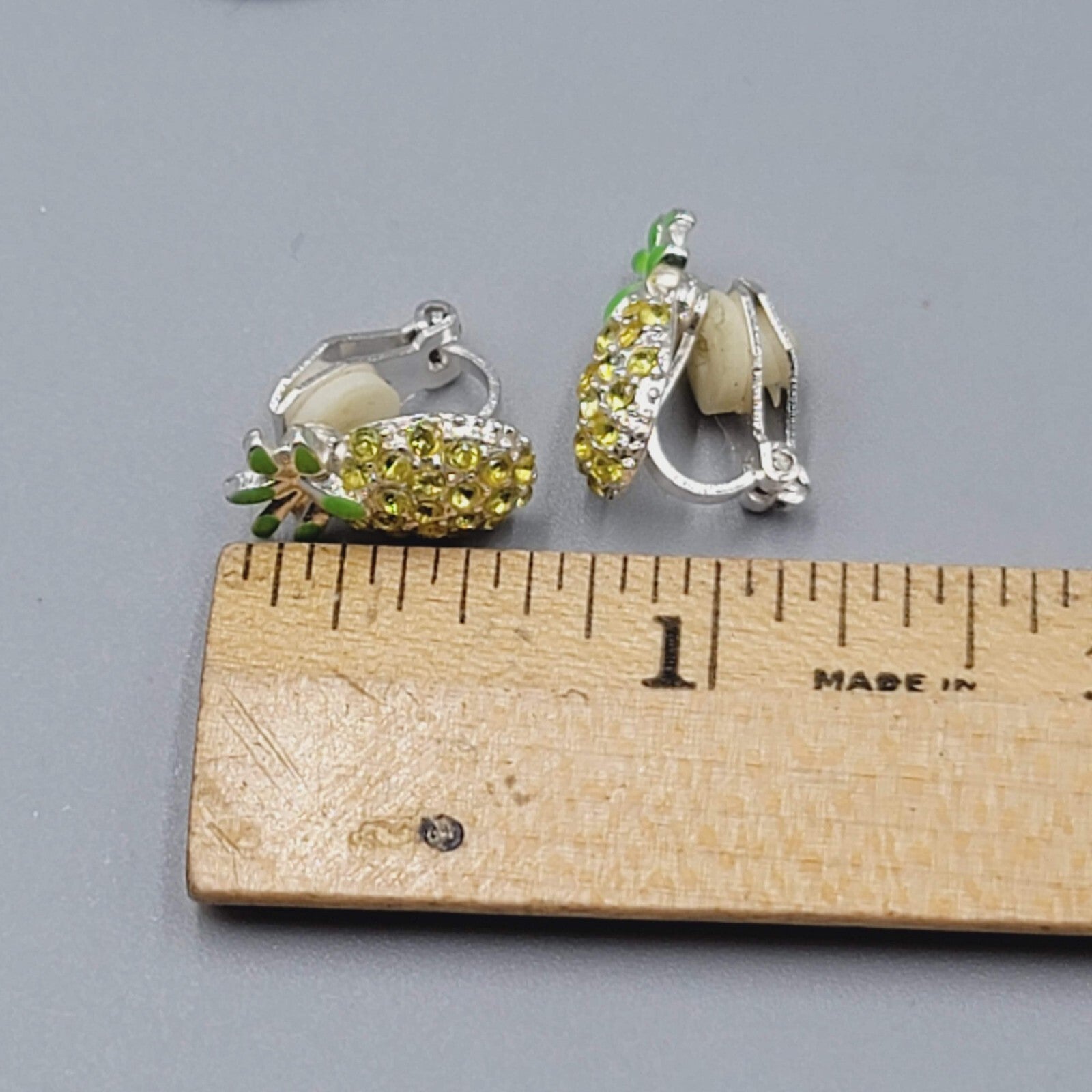 Pineapple Stud Clip on Earrings Yellow Rhinestone Green Enamel 5/8"