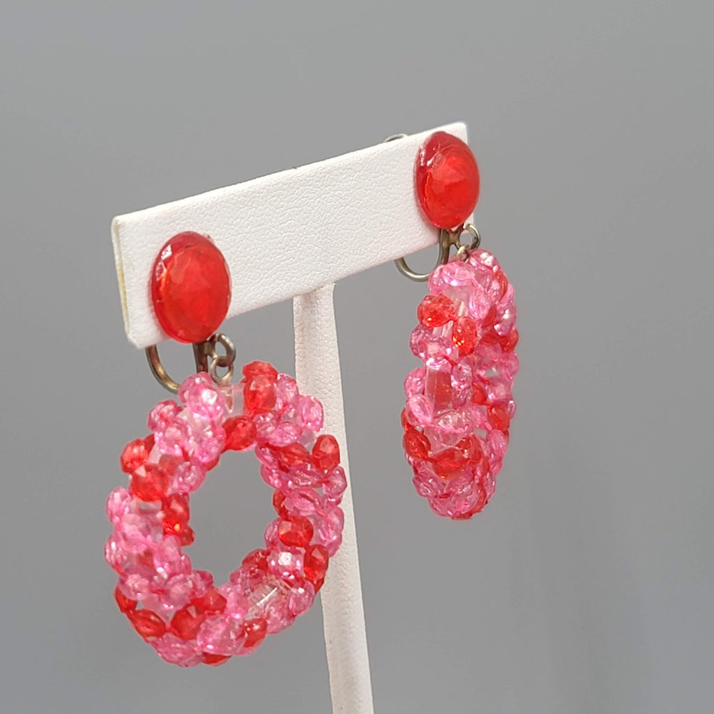 Vintage Pink Bead Wreath Clip on Earrings Dangle 2"