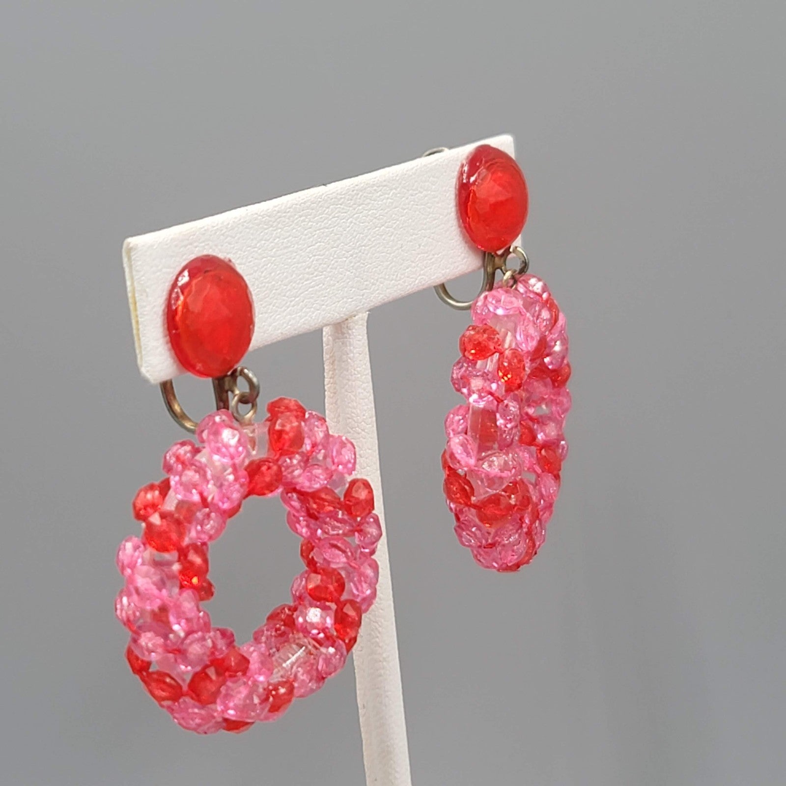 Vintage Pink Bead Wreath Clip on Earrings Dangle 2"