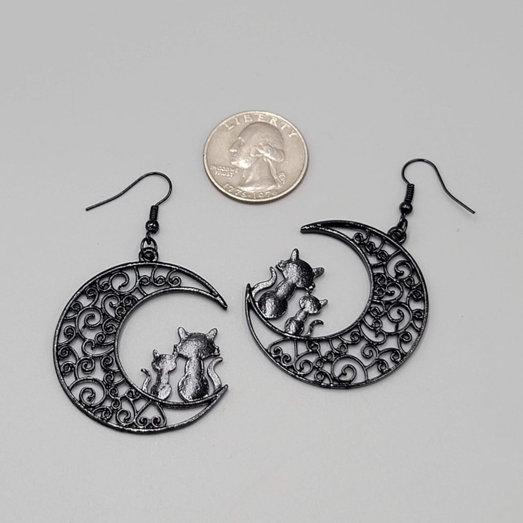 Cat Pierced Earrings Moon Black Enamel Silhouette Dangle 1 5/8"