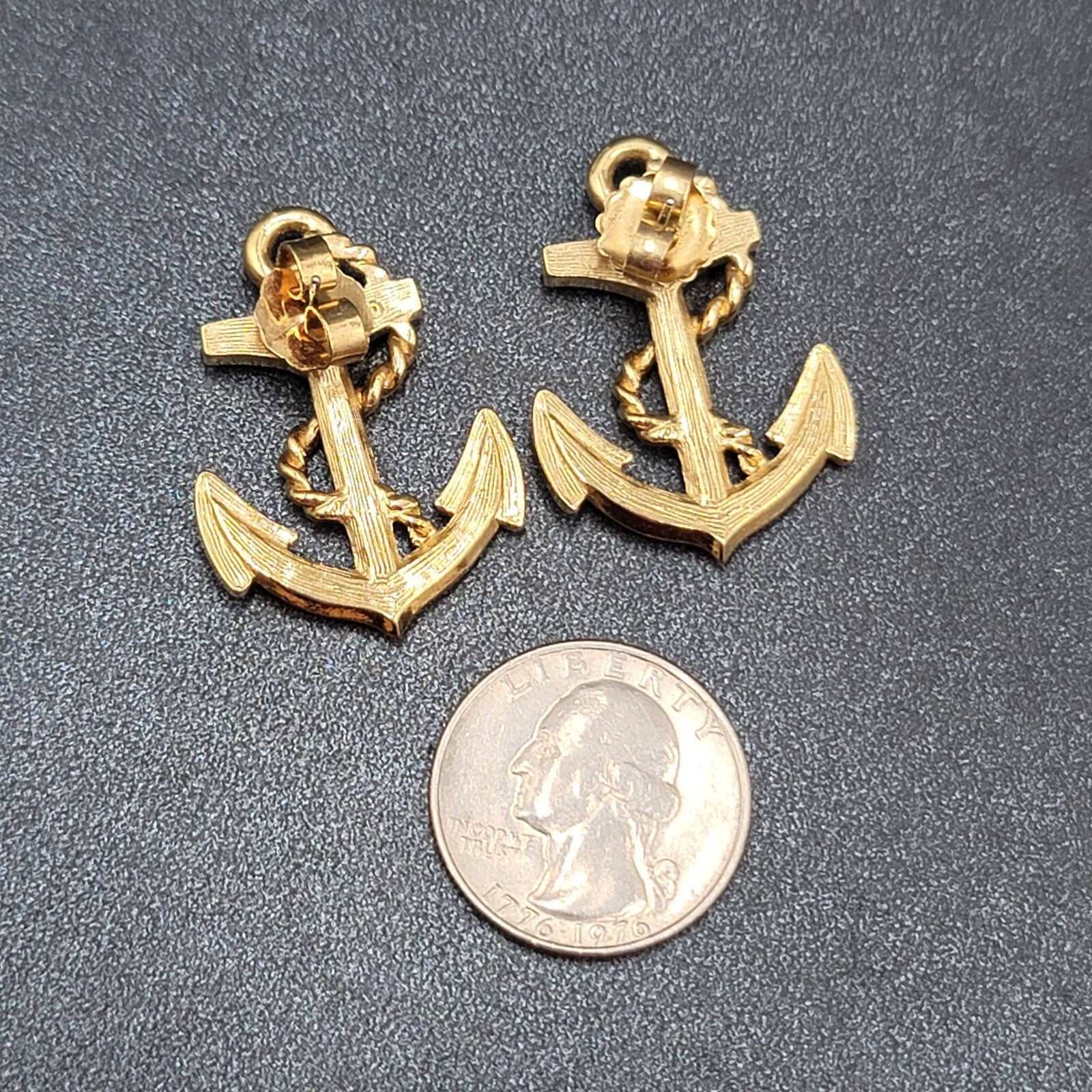 Vintage Pierced Earrings Enamel Anchor Nautical Gold tone 1.25"