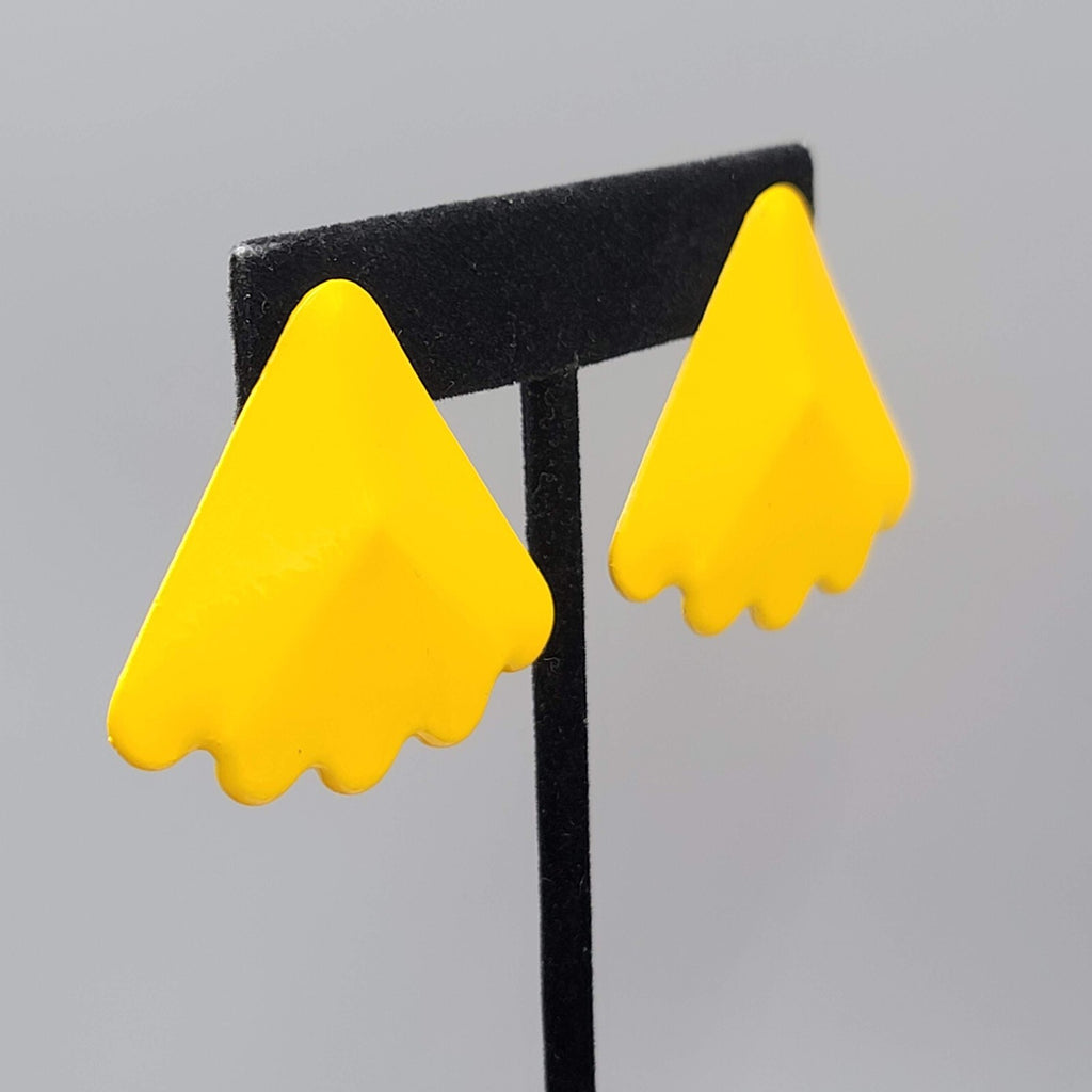 Vintage Pierced Earrings Yellow Enamel Triangle Drop Statement 80s 1.5"