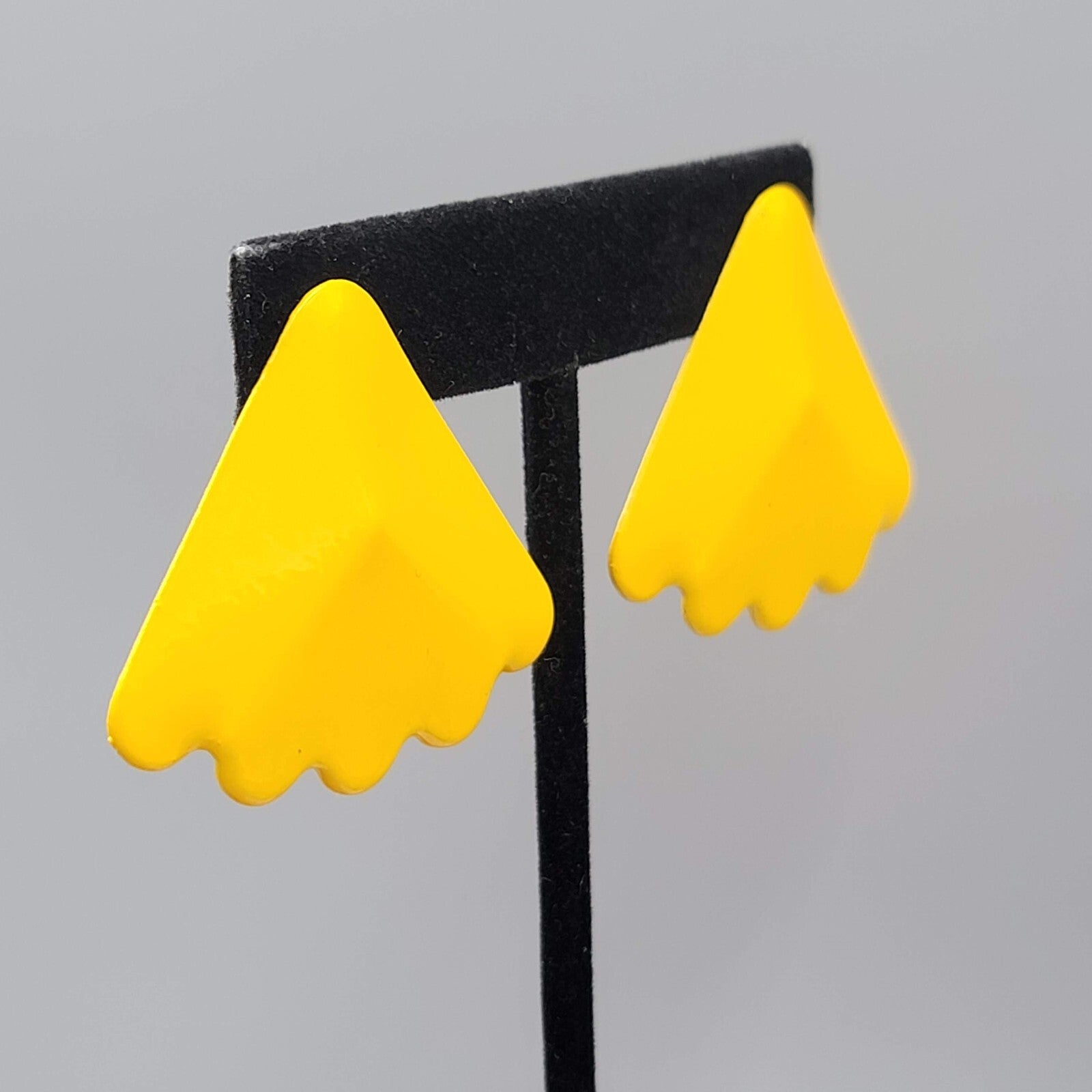 Vintage Pierced Earrings Yellow Enamel Triangle Drop Statement 80s 1.5"