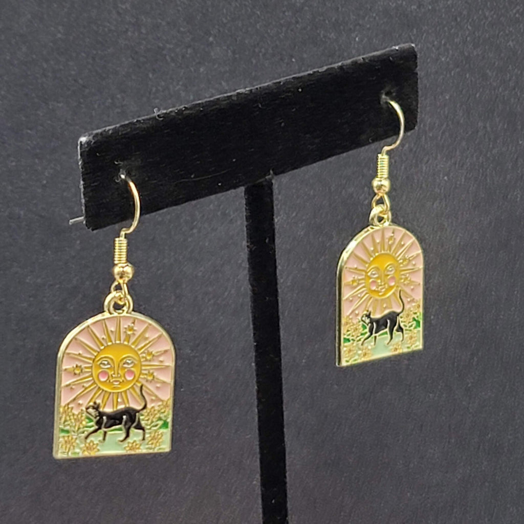 Pierced Earrings Gold tone Enamel Black Cat Happy Sun Flowers Dangle 1"