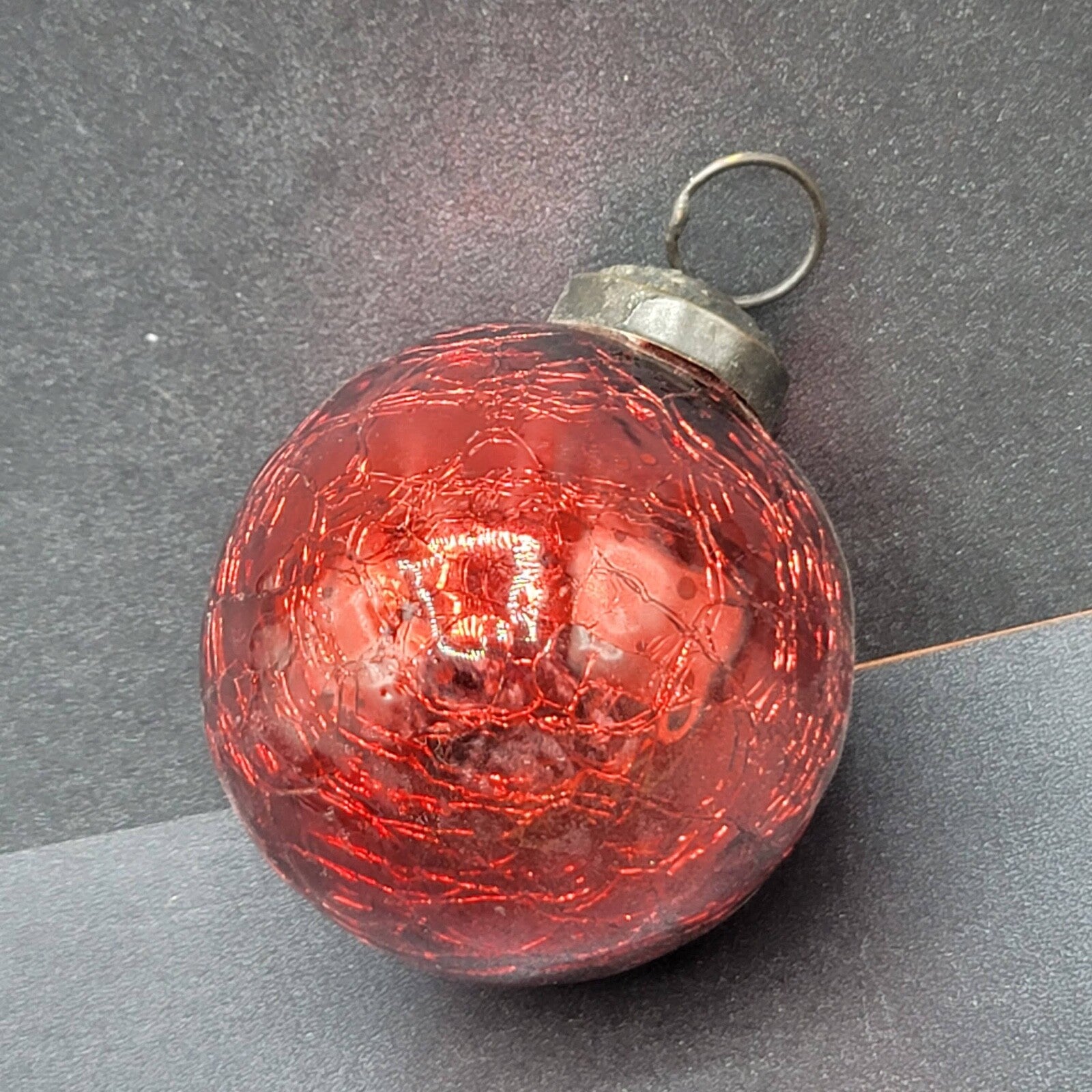 Vintage Kugel Style Red Blown Glass Ball Christmas Ornament Bronze top 2"