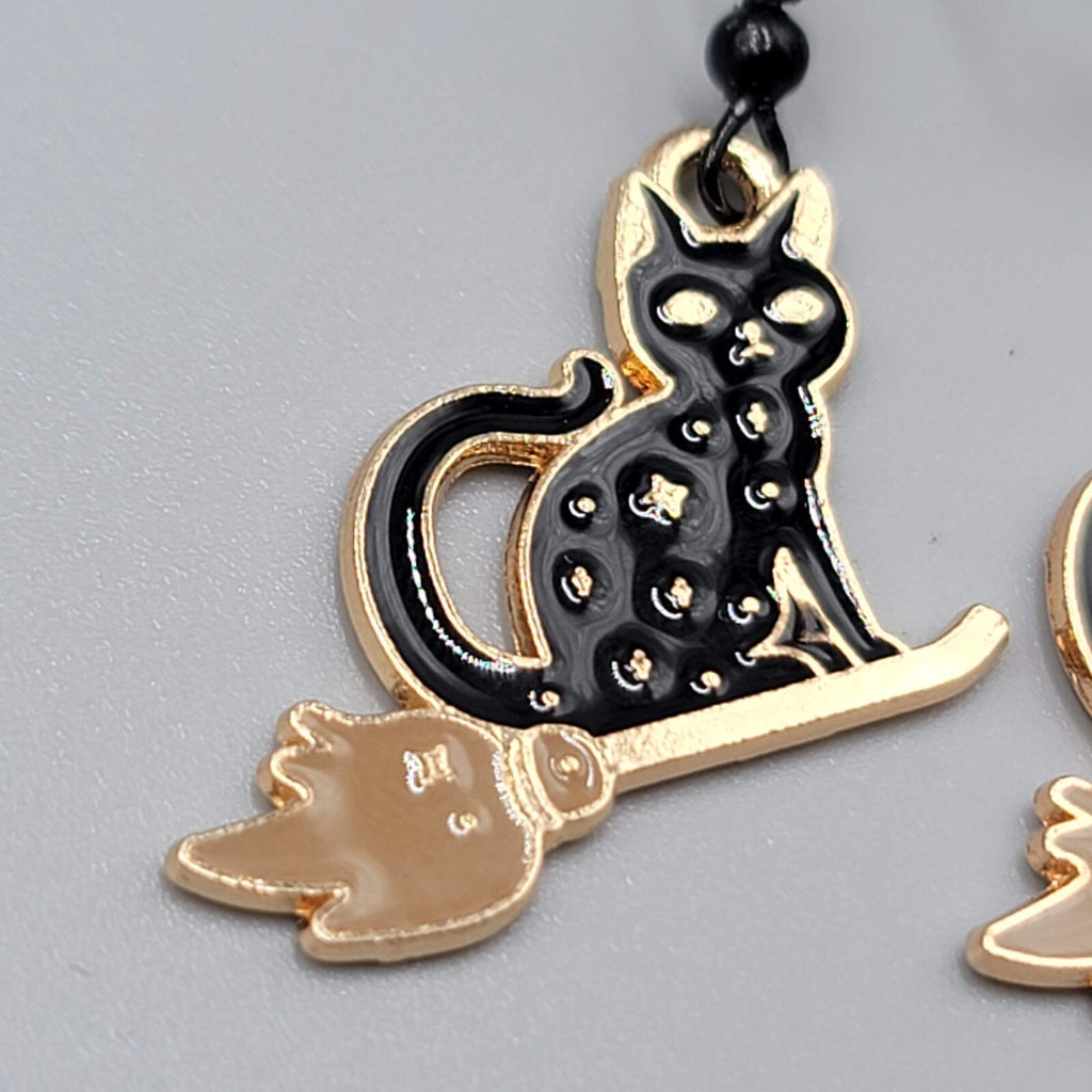 Black Cat Riding Broom Pierced Earrings Enamel Gold tone Dangle New 1"