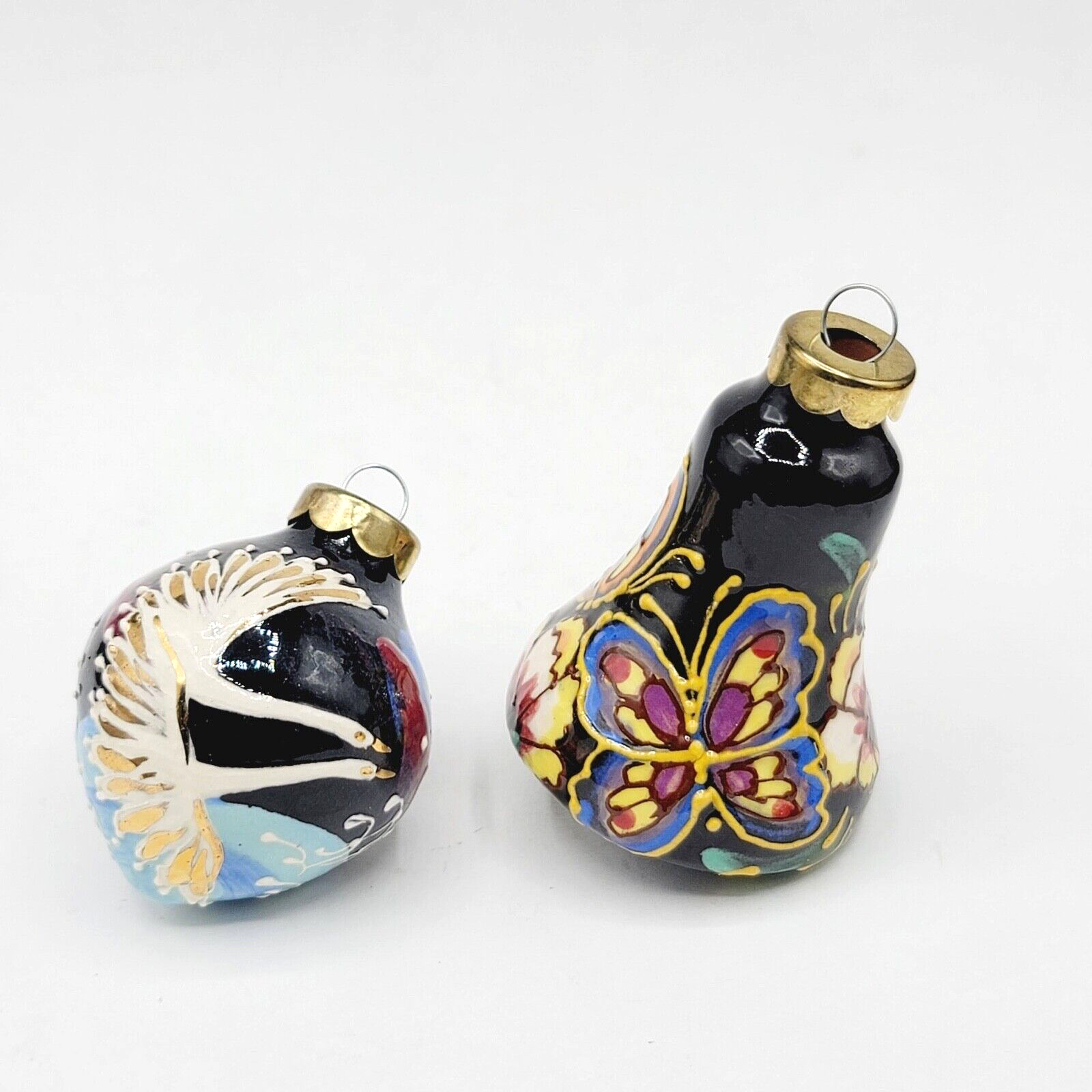 Hand Painted Christmas Ornament Uzbekistan Ceramic Butterflies Birds Lot of 2
