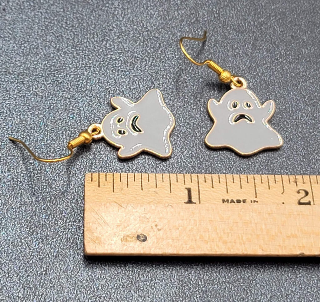 Halloween Sad Ghost Pierced Earrings Gold tone Gray Enamel Dangle 3/4"