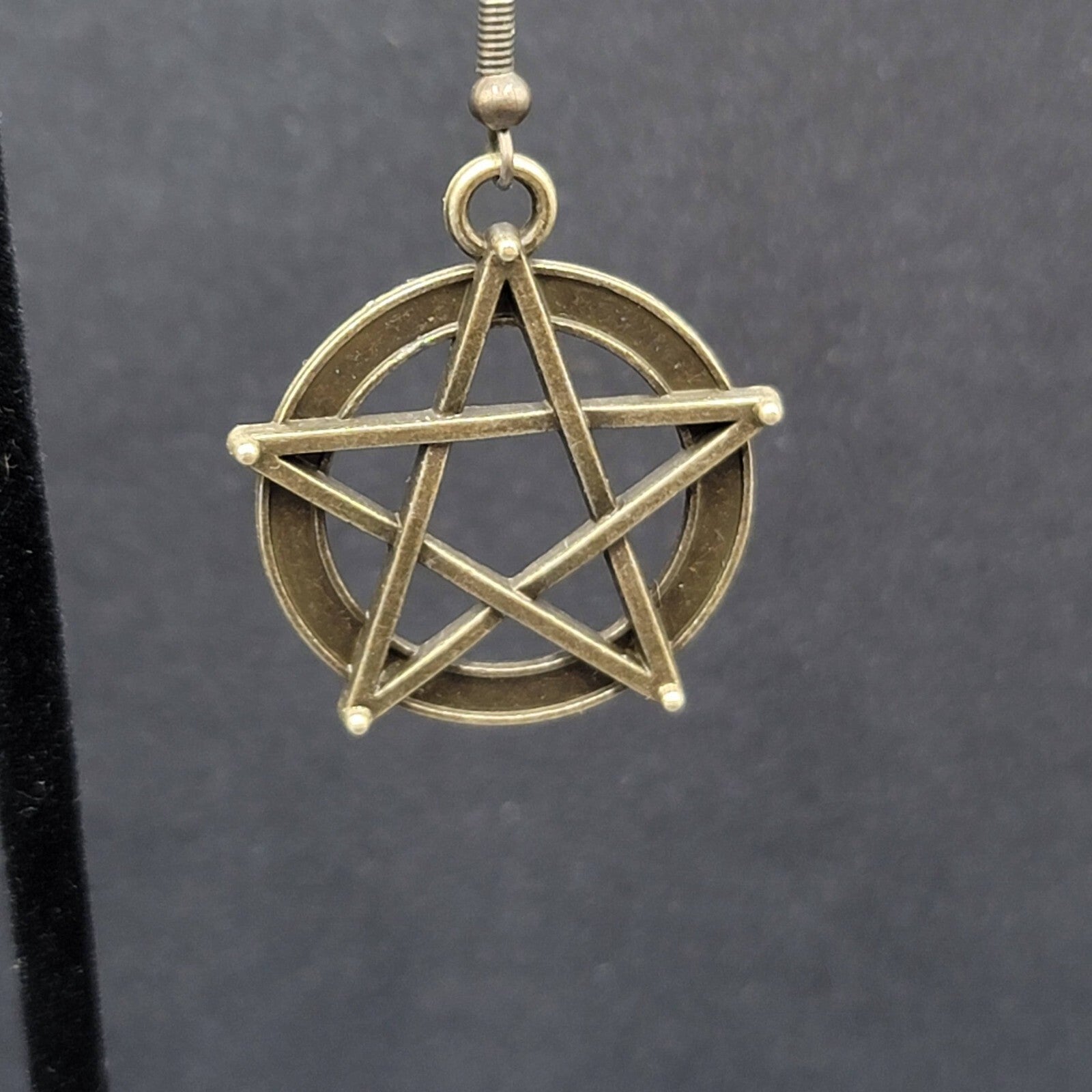 Pentacle Pierced Earrings Bronze tone Pentagram Witch Dangle 1 1/8"