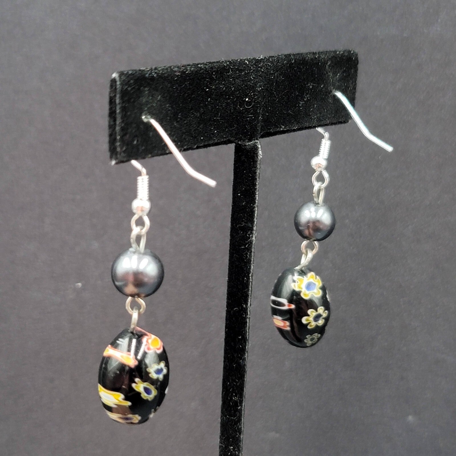 Pierced Earrings Sterling Silver Hooks Black Flower Art Glass Beads 1.25"