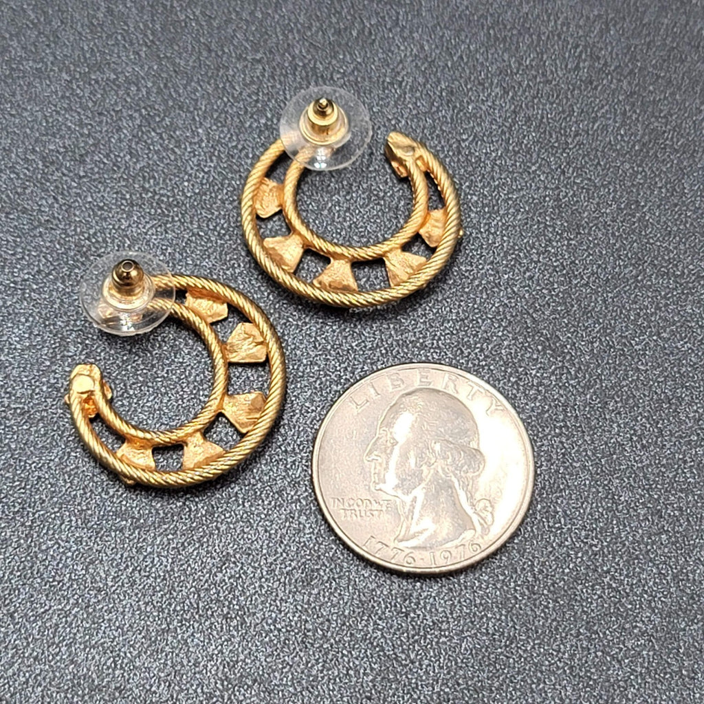Vintage Pierced Earrings Gold tone Open Circle Textured Unique Design 1"