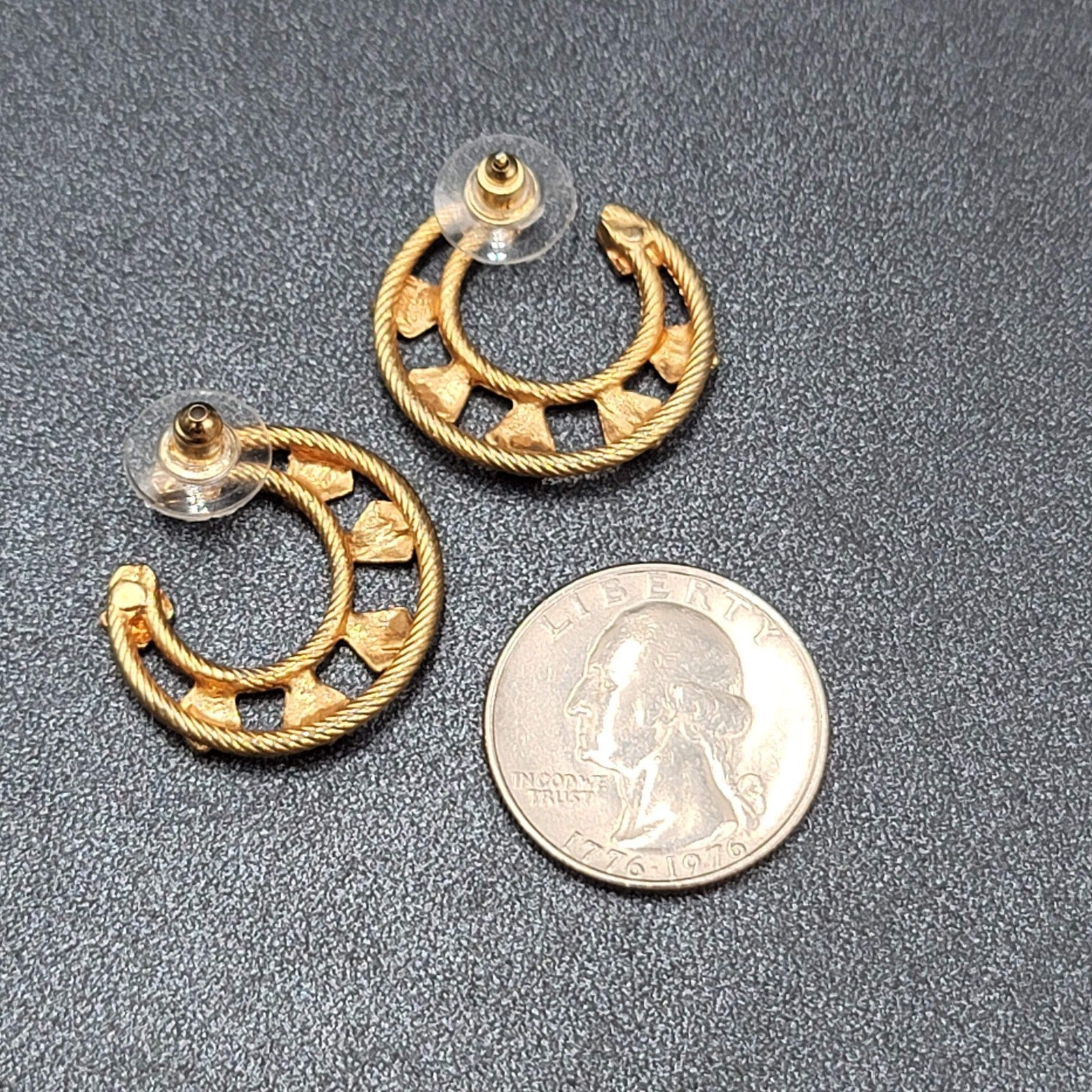 Vintage Pierced Earrings Gold tone Open Circle Textured Unique Design 1"
