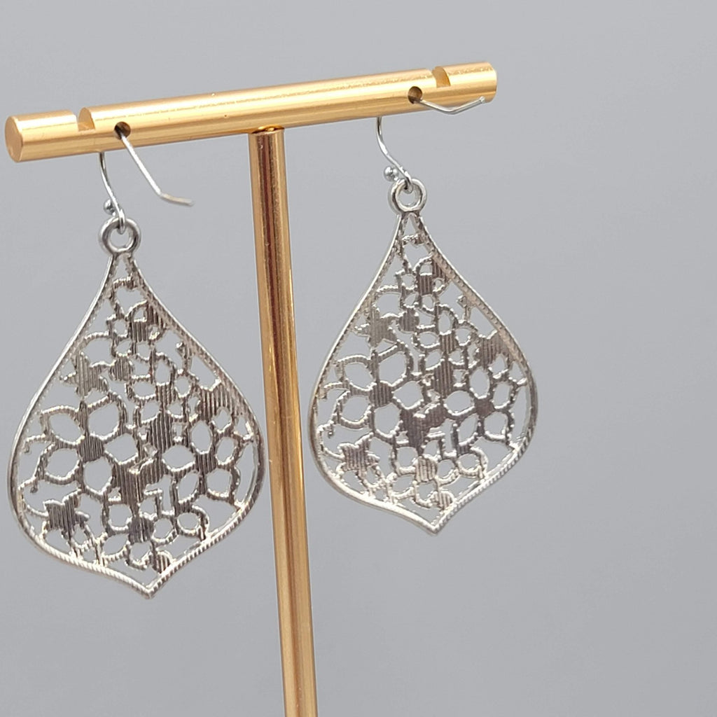 Crystal Flower Open Work Pierced Earrings Silver tone Dangle  1.75 in