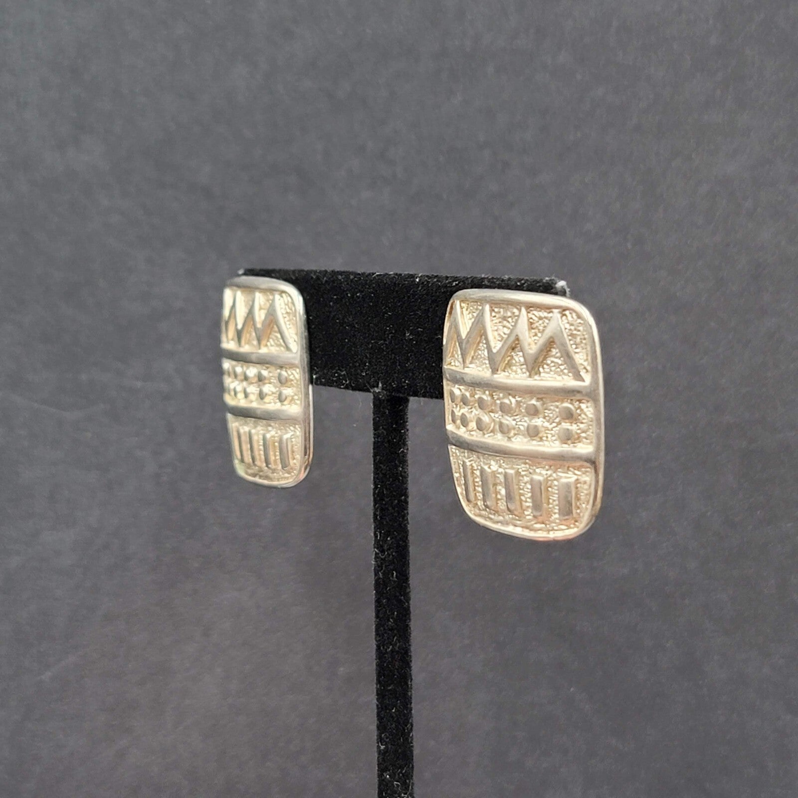 Vintage Pierced Earrings Silver tone Embossed Rectangle Drop 1"
