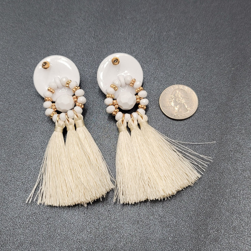 Large Statement Pierced Earrings White Acrylic Tassel Dangle 3.5"