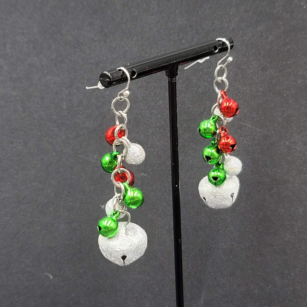 Christmas Pierced Earrings Green Red Silver Glitter Bells Dangle 2"