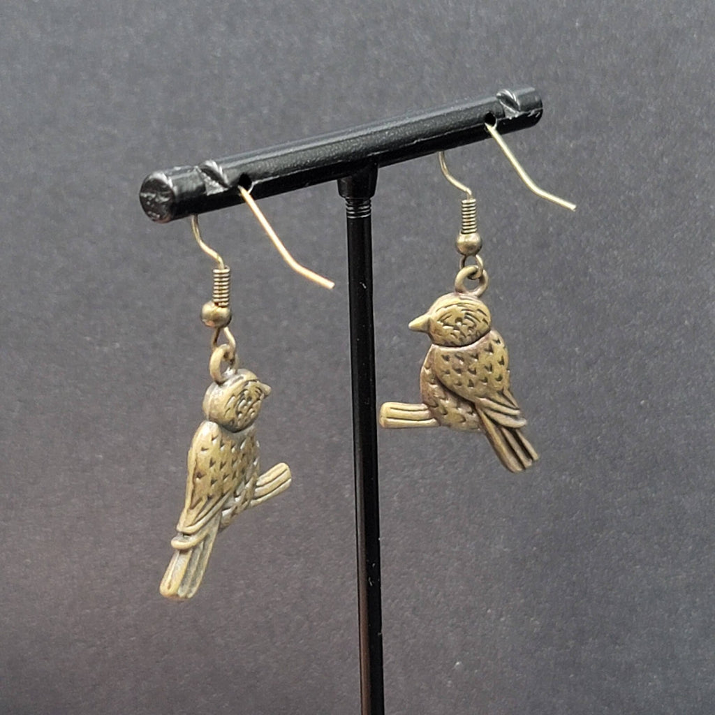 Bird on Perch Pierced Earrings Bronze tone Embossed Dangle 1"