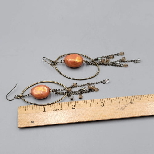Dangle Chains Pierced Earrings Bronze tone Orange Bead Long 3.25 in