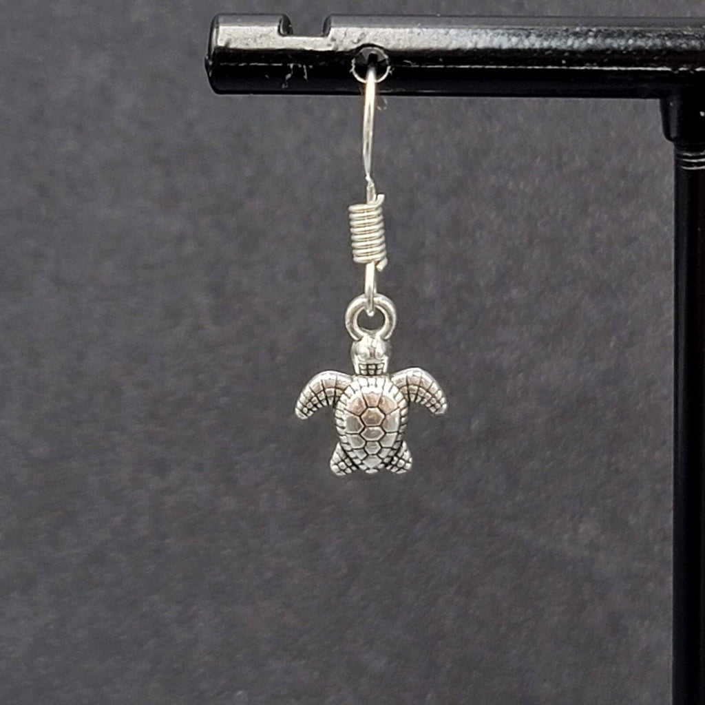 Pierced Earrings Miniature Baby Sea Turtle Dainty Dangle Silver tone  1/2"