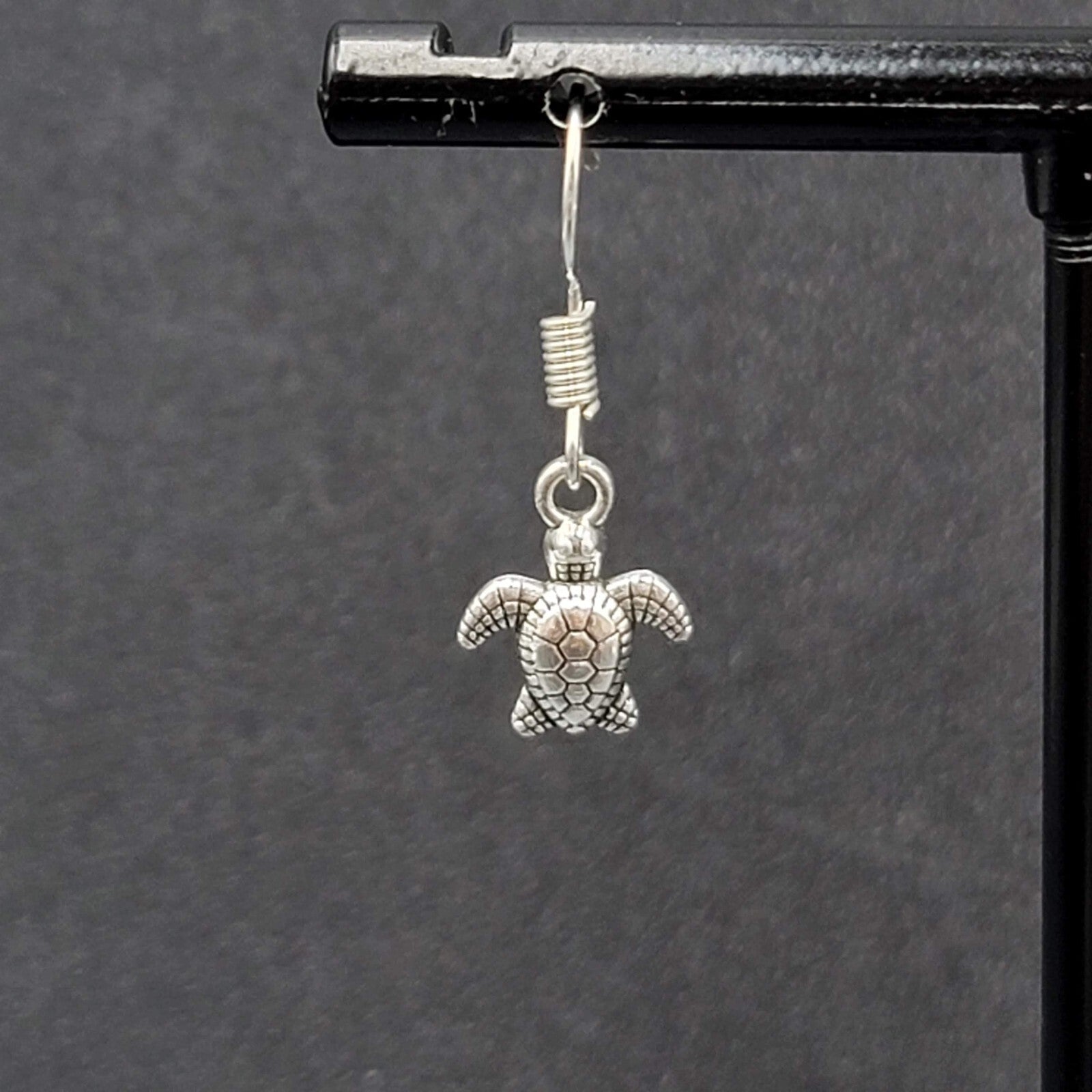 Pierced Earrings Miniature Baby Sea Turtle Dainty Dangle Silver tone  1/2"