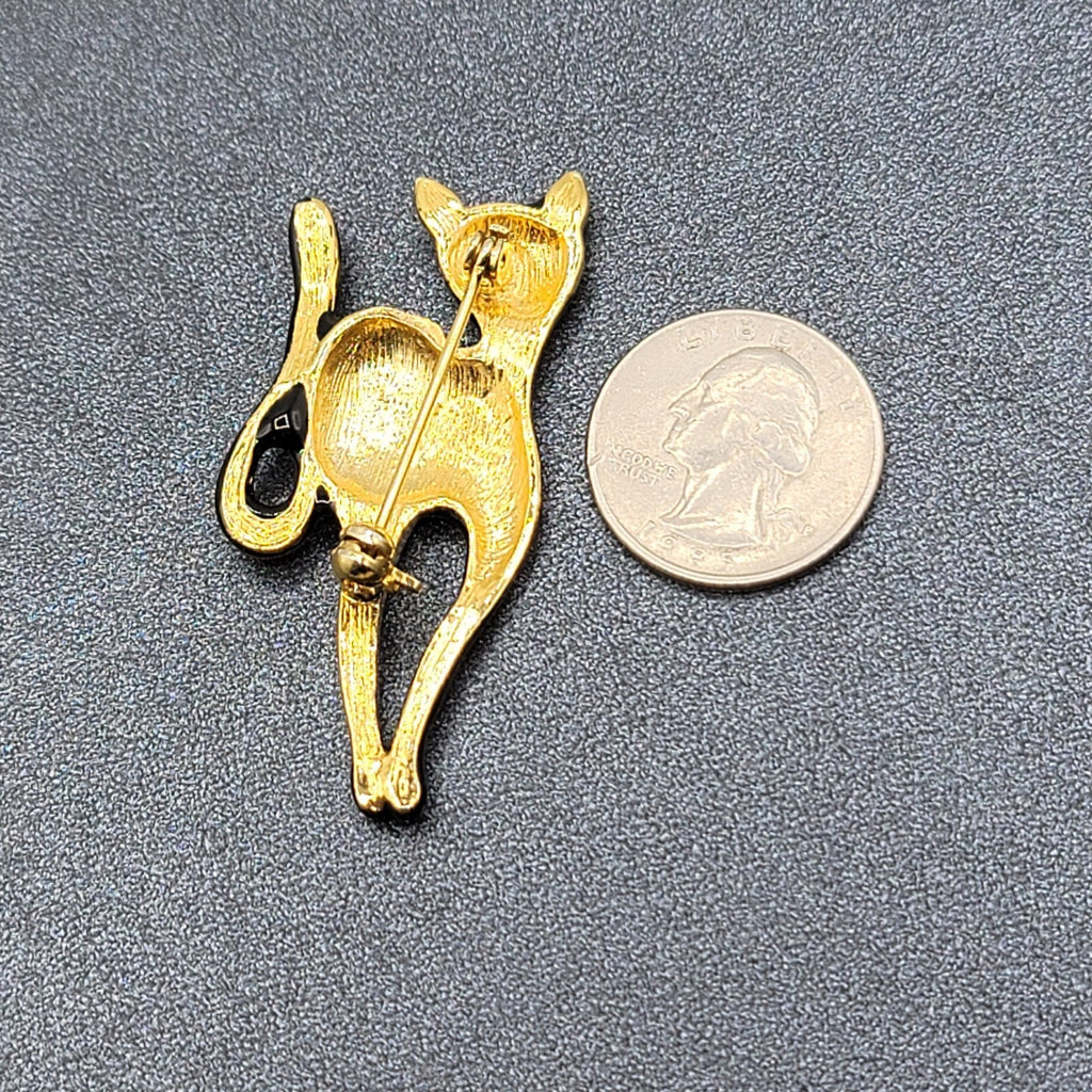 Vintage Black Cat Brooch Enamel Rhinestone Eyes 2.25"