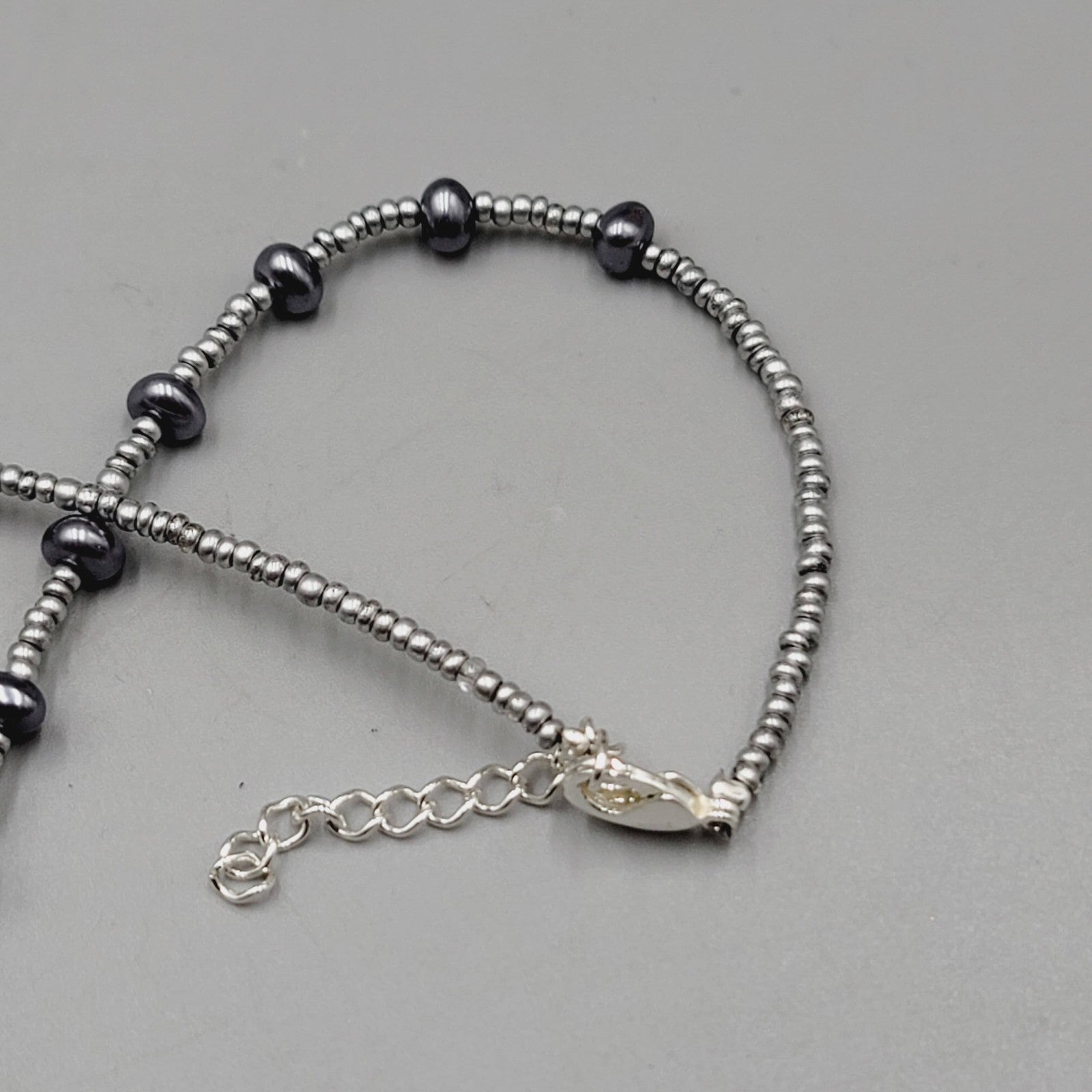 Black Hematite Beaded Necklace Silver Tone Circle Pendant Adjustable 18 Inch
